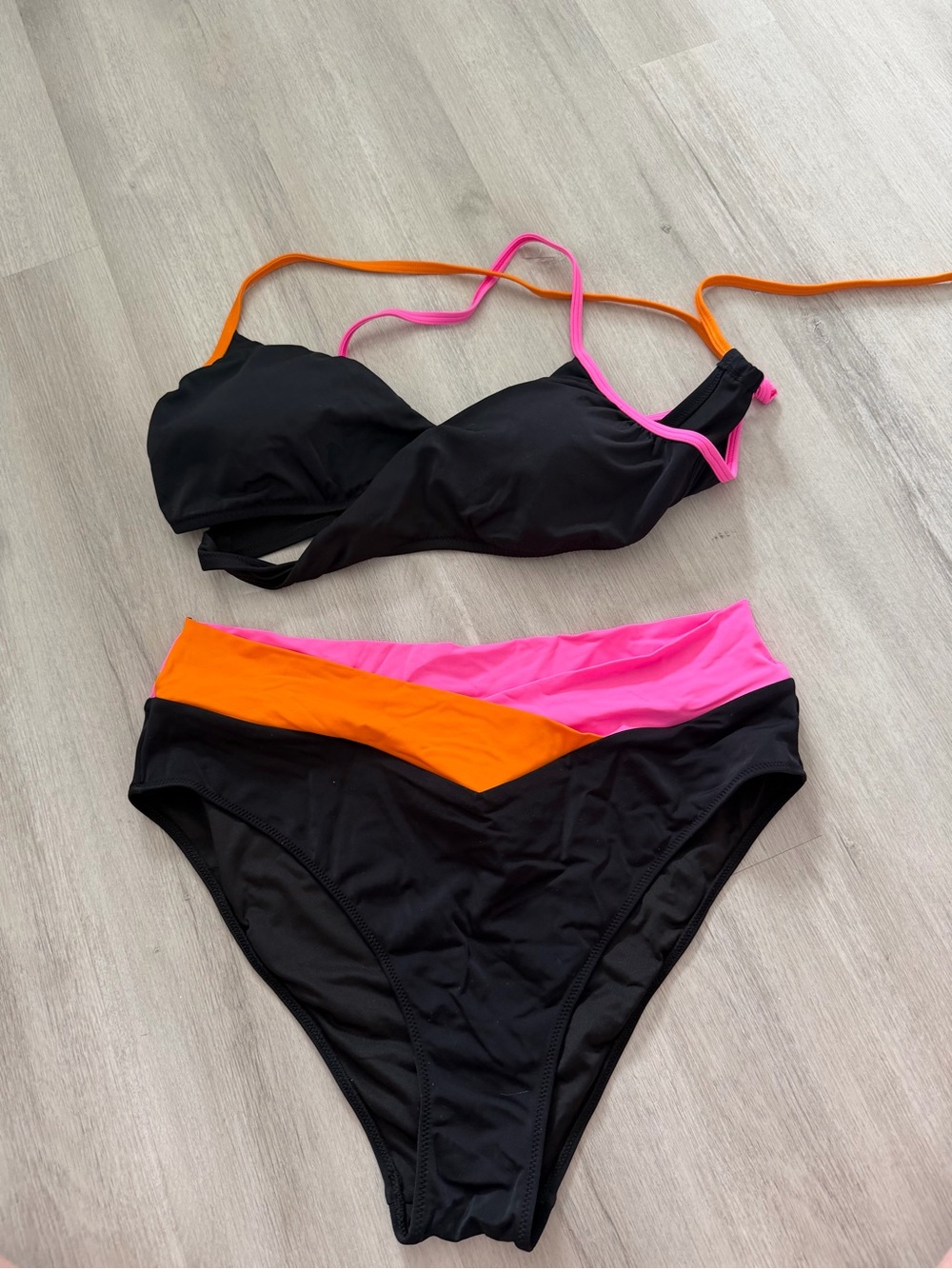 PINK Victoria's Secret Black Bikini with Pink & Orange Trim